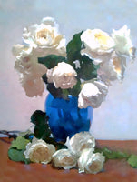 Fine Oleograph on Canvas - White Roses in a Blue Vase