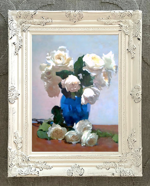 Fine Oleograph on Canvas - White Roses in a Blue Vase