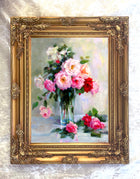 Fine Oleograph on Canvas - Pink & White Roses on a Marble Ledge