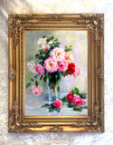 Fine Oleograph on Canvas - Pink & White Roses on a Marble Ledge
