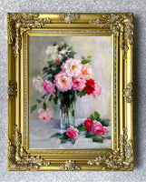 Fine Oleograph on Canvas - Pink & White Roses on a Marble Ledge