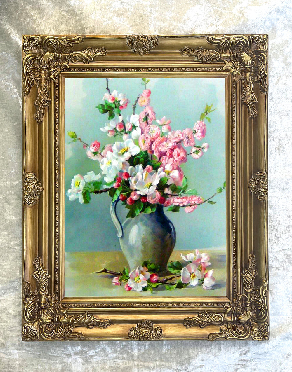 Fine Oleograph on Canvas Still Life of Flowers in a Jug