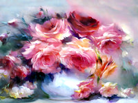 Stunning Still Life Oleograph on Canvas Still Life of Pink Roses in a Bowl