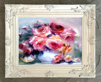 Stunning Still Life Oleograph on Canvas Still Life of Pink Roses in a Bowl