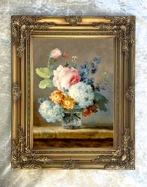 Still Life Lithograph on Canvas of Roses, Snowballs, Peonies & Hyacinths