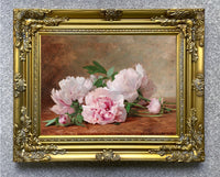 Fine Still Life Lithograph on Canvas - Pink Peonies on a Marble Ledge