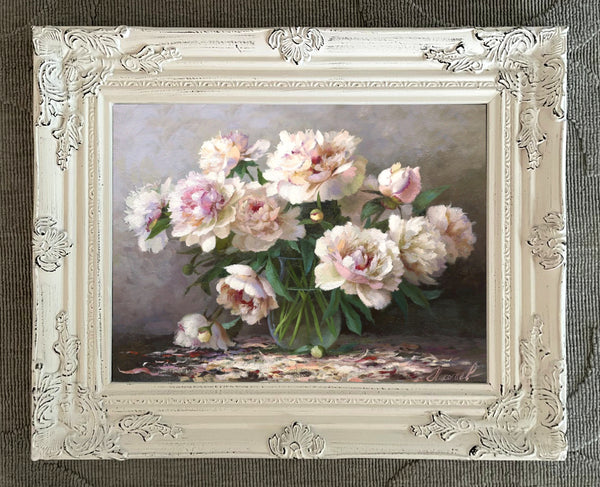 Still Life Oleograph on Canvas Still Life of Peonies in a Glass Vase