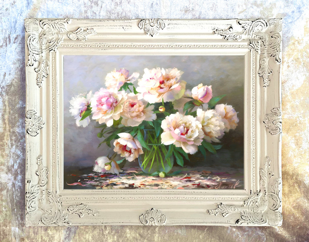 Still Life Oleograph on Canvas Still Life of Peonies in a Glass Vase