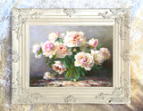Still Life Oleograph on Canvas Still Life of Peonies in a Glass Vase