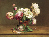 Still Life Oleograph on Canvas Still Life of Peonies in a Brown Vase