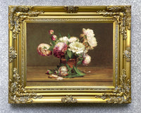 Still Life Oleograph on Canvas Still Life of Peonies in a Brown Vase