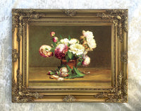 Still Life Oleograph on Canvas Still Life of Peonies in a Brown Vase