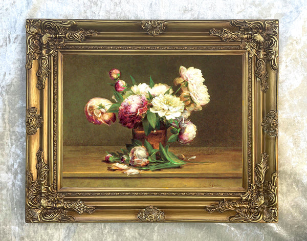Still Life Oleograph on Canvas Still Life of Peonies in a Brown Vase