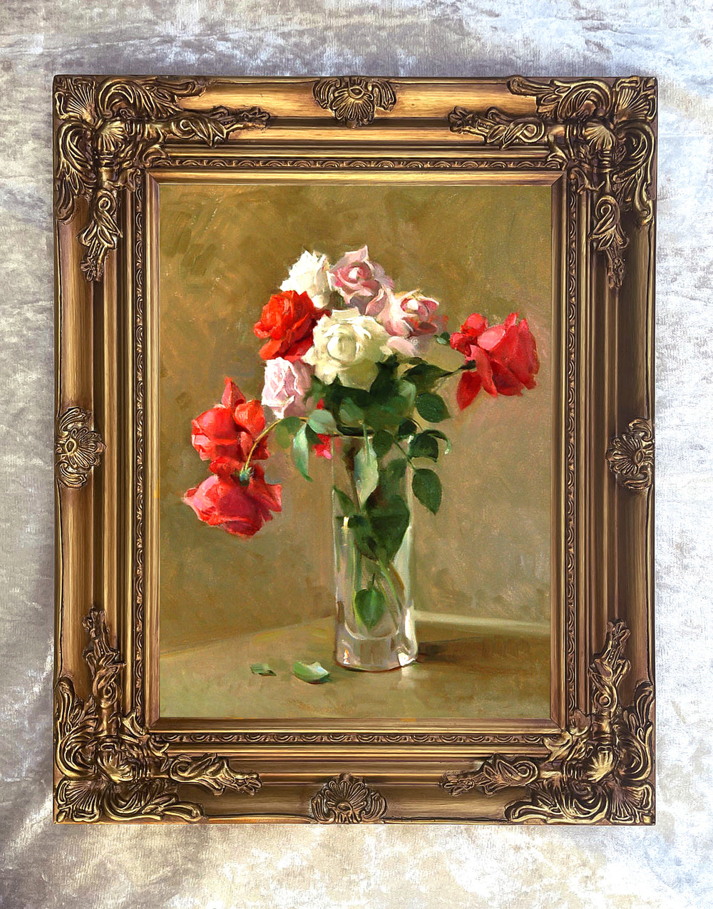 Fine Oleograph on Canvas Still Life of Mixed Roses in a Glass Vase