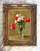 Fine Oleograph on Canvas Still Life of Mixed Roses in a Glass Vase