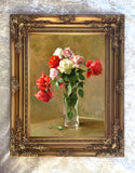 Fine Oleograph on Canvas Still Life of Mixed Roses in a Glass Vase