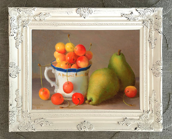 Fine Oleograph on Canvas - Still Life - a Porcelain Mug with Cherries and Pears