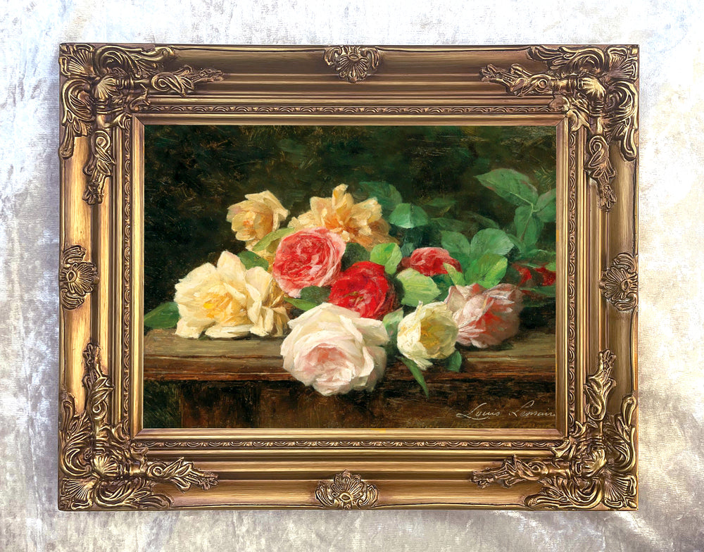 Fine Oleograph on Canvas Still Life - Red Yellow & White Roses on a Ledge