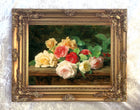 Fine Oleograph on Canvas Still Life - Red Yellow & White Roses on a Ledge