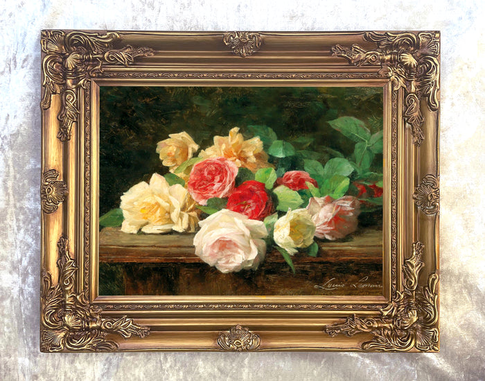 Fine Oleograph on Canvas Still Life - Red Yellow & White Roses on a Ledge