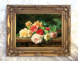 Fine Oleograph on Canvas Still Life - Red Yellow & White Roses on a Ledge