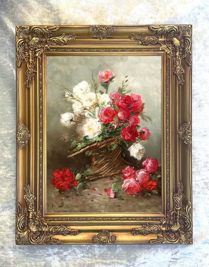 Fine Oleograph on Canvas Still Life of Red & White Roses in a Basket