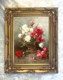 Fine Oleograph on Canvas Still Life of Red & White Roses in a Basket