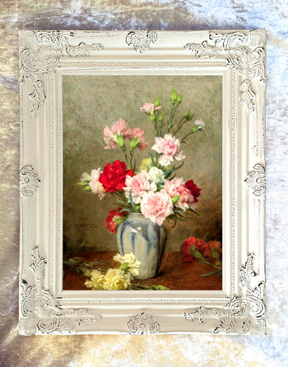 Exquisite Oleograph on Canvas - Still Life with Carnation & Vase - Gustave Bienvetu