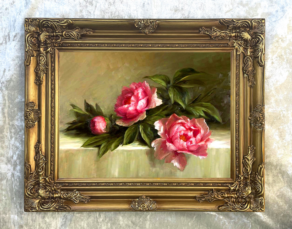 Fine Oleograph on Canvas - Pink Roses on a Ledge