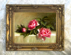 Fine Oleograph on Canvas - Pink Roses on a Ledge