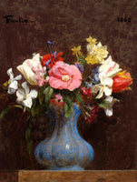 Exquisite Oleograph on Canvas - Flowers in a Blue Vase