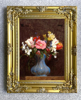 Exquisite Oleograph on Canvas - Flowers in a Blue Vase