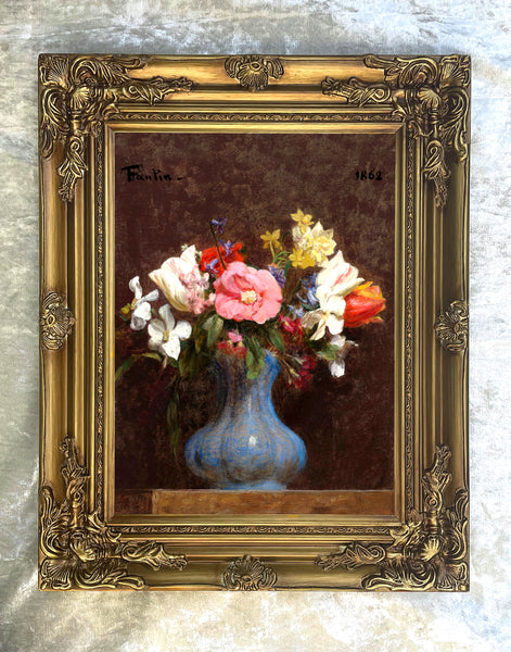Exquisite Oleograph on Canvas - Flowers in a Blue Vase