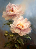 Exquisite Still Life Oleograph on Canvas Still Life of Pink Peonies