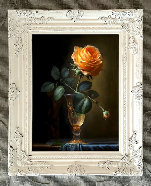 Beautiful Still Life Oleograph on Canvas Still Life of a Peach Rose in a Glass Goblet