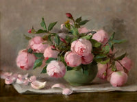 Exquisite Oleograph on Canvas Still Life of Pink Roses in a Green Bowl