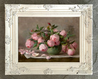 Exquisite Oleograph on Canvas Still Life of Pink Roses in a Green Bowl