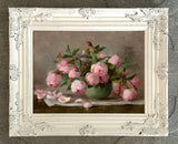 Exquisite Oleograph on Canvas Still Life of Pink Roses in a Green Bowl