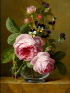 Beautiful Still Life Oleograph on Canvas Still Life of Roses & Pansies in a Glass Vase