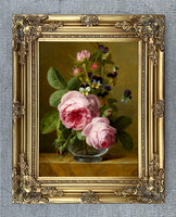 Beautiful Still Life Oleograph on Canvas Still Life of Roses & Pansies in a Glass Vase