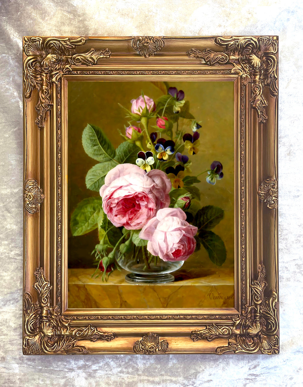 Beautiful Still Life Oleograph on Canvas Still Life of Roses & Pansies in a Glass Vase