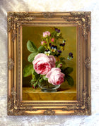 Beautiful Still Life Oleograph on Canvas Still Life of Roses & Pansies in a Glass Vase
