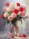 Exquisite Oleograph on Canvas Still Life of Pink Red & Yellow Roses in a Glass Vase