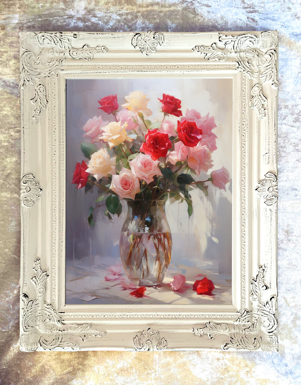 Exquisite Oleograph on Canvas Still Life of Pink Red & Yellow Roses in a Glass Vase