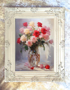 Exquisite Oleograph on Canvas Still Life of Pink Red & Yellow Roses in a Glass Vase