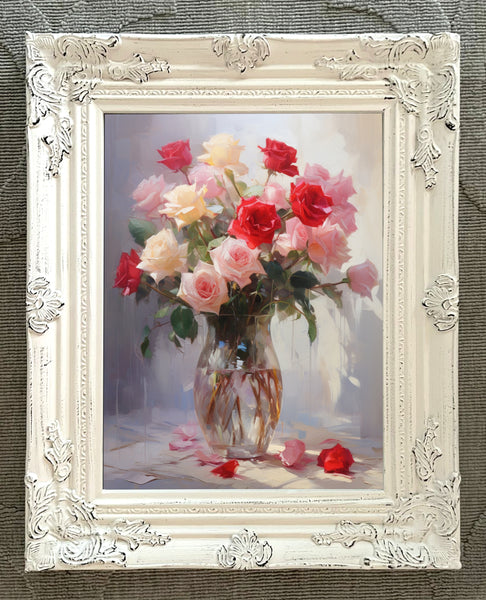 Exquisite Oleograph on Canvas Still Life of Pink Red & Yellow Roses in a Glass Vase