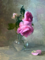 Exquisite Still Life Oleograph on Canvas Still Life of Pink Roses in a Glass Vase