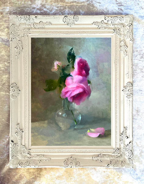 Exquisite Still Life Oleograph on Canvas Still Life of Pink Roses in a Glass Vase