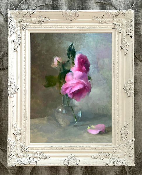 Exquisite Still Life Oleograph on Canvas Still Life of Pink Roses in a Glass Vase