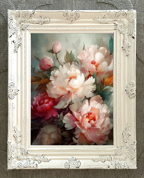 Exquisite Oleograph on Canvas Still Life of Pink & White Peonies